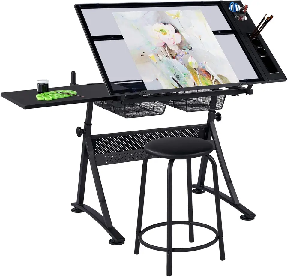 YAHEETECH DREW DRAVE, Art Craft Desk s nastaviteľným stolom, maliarmi/umelcami, študijným stolom so stolicou,