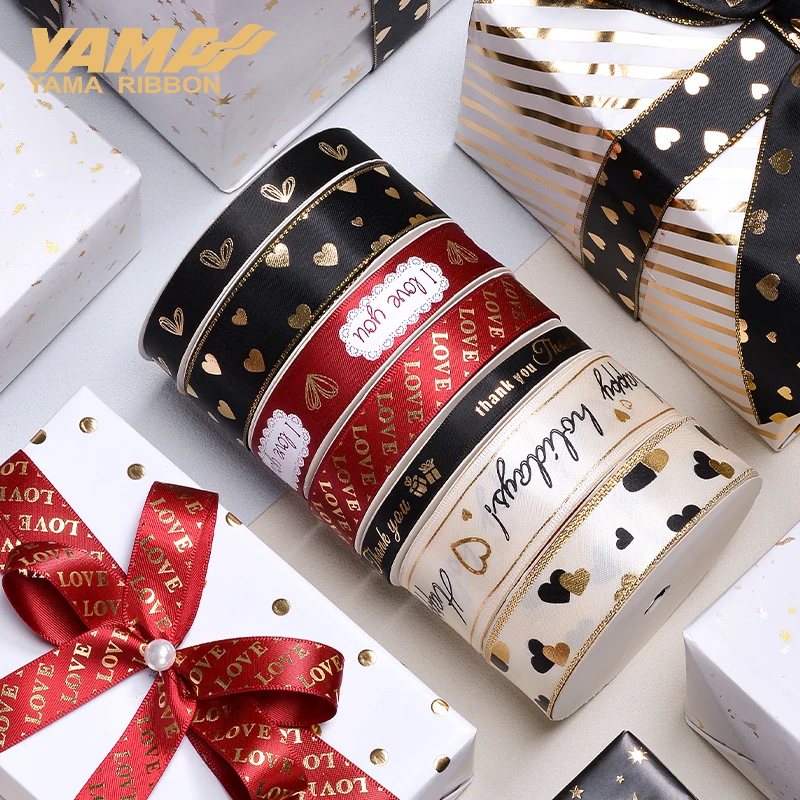 Yama Gold Foil tlačená stuha 10 yardov/roll srdiečko Series Valentínske stuhy pre remeselníkových darčekov Diy balenie Svadobný dekor