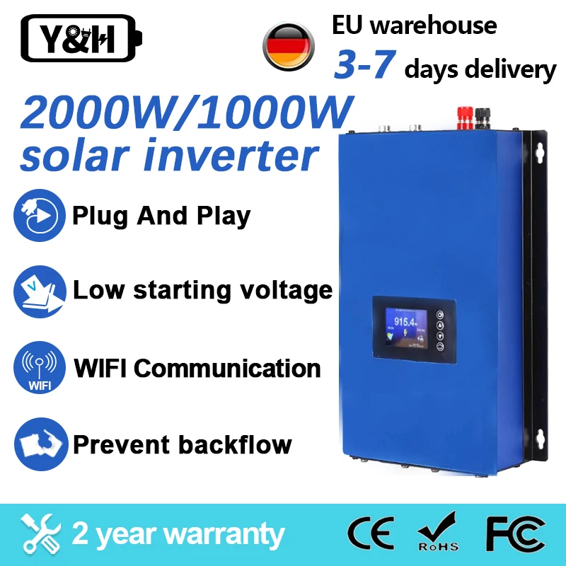 Y&H 1000W 2000W Grid TIE Solar Inverter 25v-6v/45V-90V s obmedzovacím MPPT Solar Inverter Pure Sine Wave LCD LCD displej WiFi voliteľný