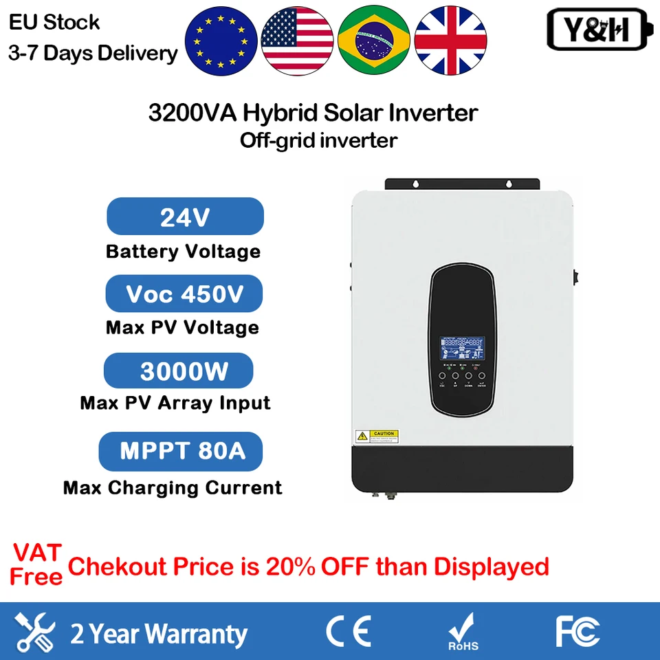 Y&H 3200VA 3KW Hybridný solárny invertor 24V AC230V OFF PURE SINE SININ WAVE INVERTER 80A MPPT Solar Controller Max PV450V