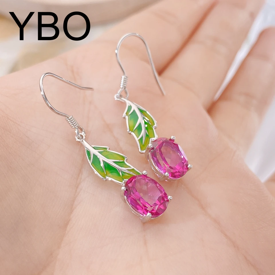 YBO zelený list pečenie laku smaltovaný náušnice Prírodné ružové topaz visiace náušnice pre ženy 925 Sterling strieborné šperky