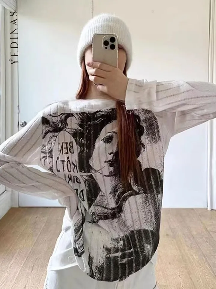 Yedinas American Retro tlač grafický odpalisko Kórejské módne voľné tričko Dámske oblečenie s dlhým rukávom Streetwear Design Design tričko y2k