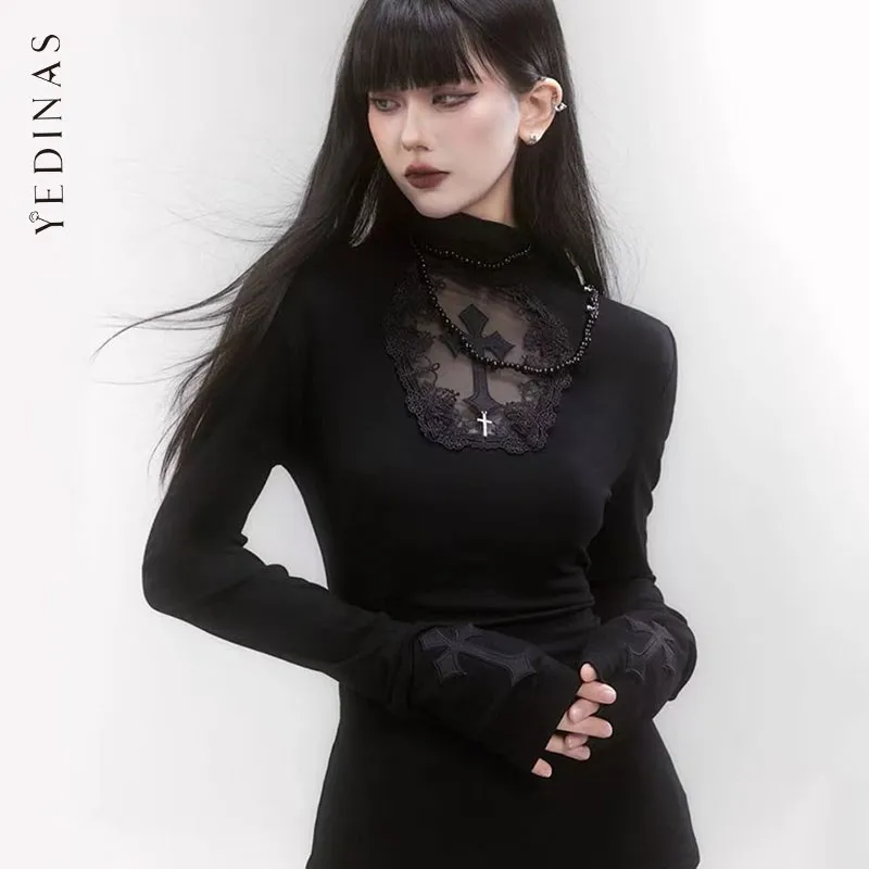 Yedinas Black Gothic Cross Graphic T košele 2000 odevy y2k s dlhým rukávom Jarné jesenné topy