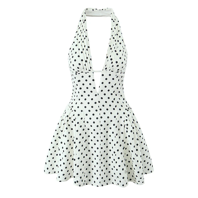 Yenkye francúzsky štýl retro polka dot deep v halter šaty ženy sexy backless a-line štíhle sladké elegantné mini šaty letné rúcho