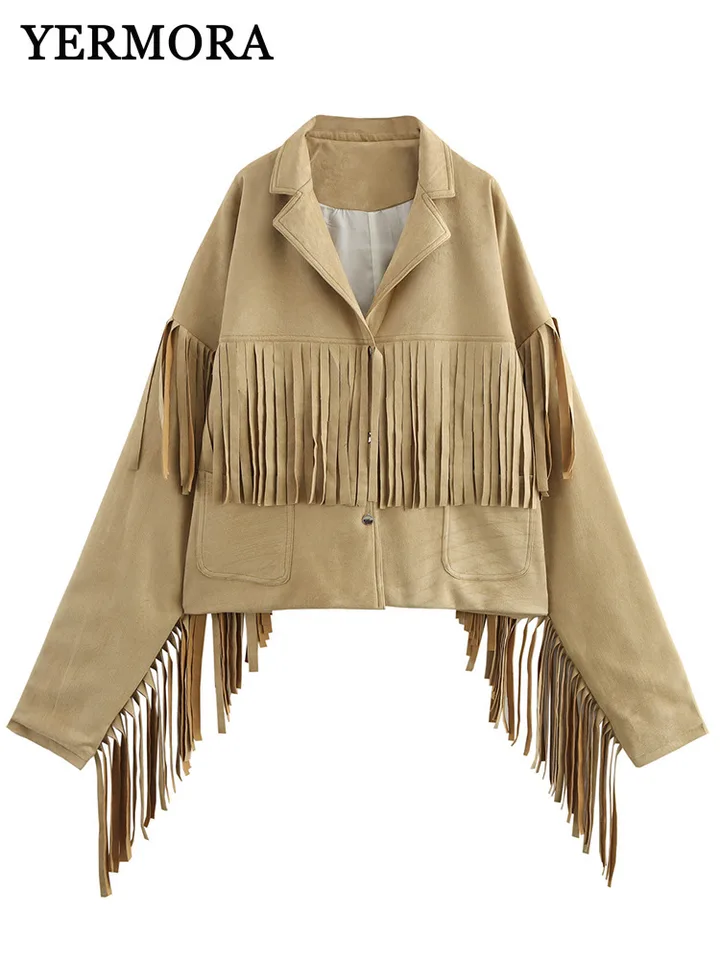 Yermora Khaki Tassel Button Vintage bunda pre ženy klopa s dlhým rukávom voľný kabát módny príliv Spring Jeseň 2025 Nový A521
