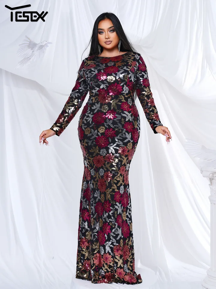 Yesexy 2024 čierna plus veľkosť kvetinového okrúhleho krku s dlhým rukávom Flitry Mermaid Večerné šaty koktail Prom Prom Party Formal Príležitostné šaty