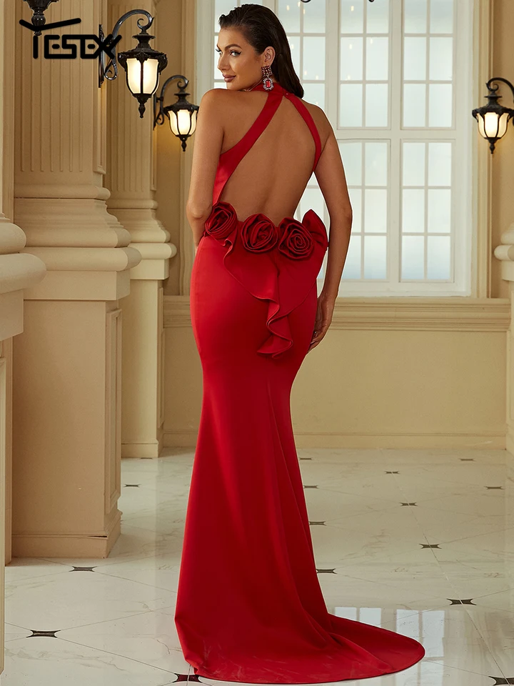 Yesexy Dámske svadobné šaty Červené kvetinové prípojky Rufle Otvorené zadné šaty vynikajúce módne večerné šaty Vestidos