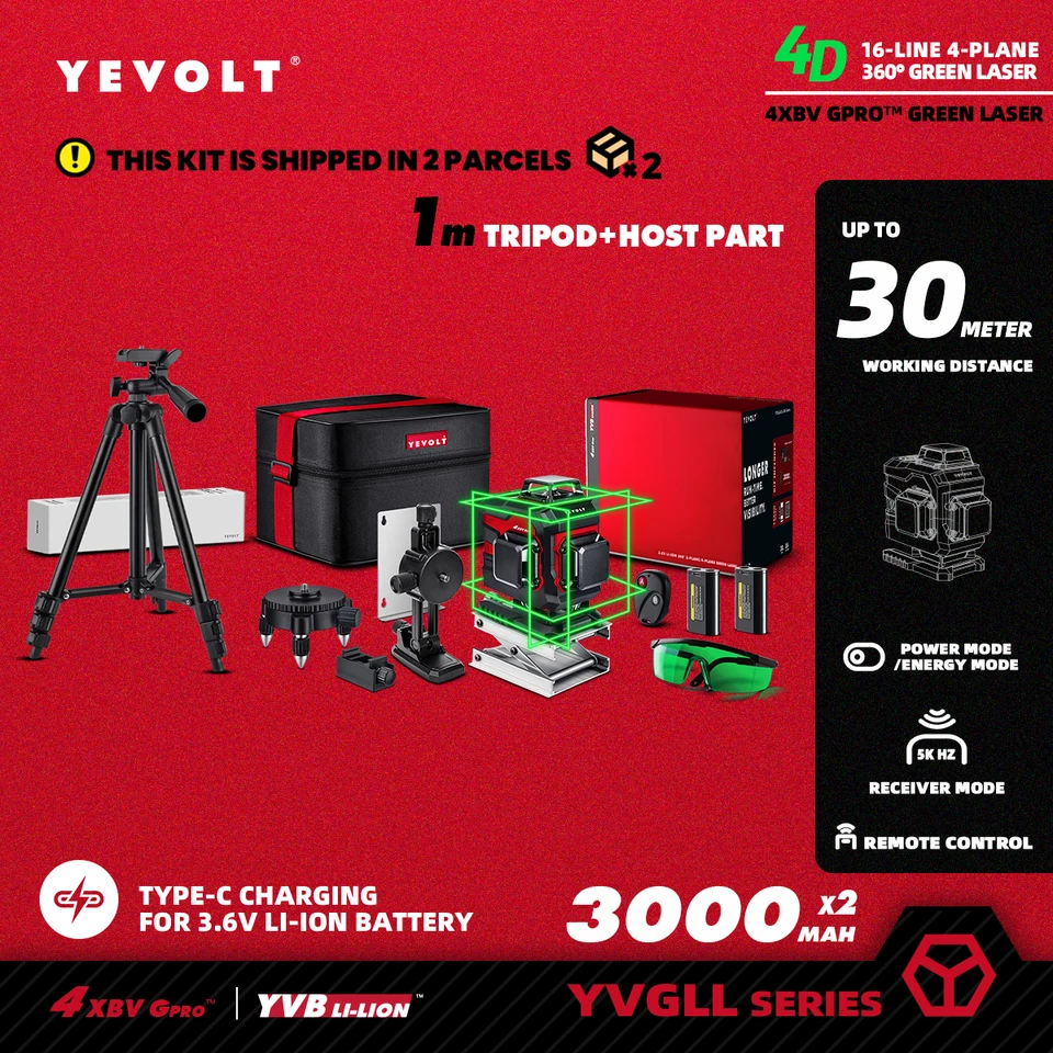 Yevolt TL-Yvgll4xs Series Green Laser úroveň 3/4-rovina 12/16-riadok Samostatné stanovenie 360 ​​3D/4D Power X 2 Meuring Tool-1M Statív