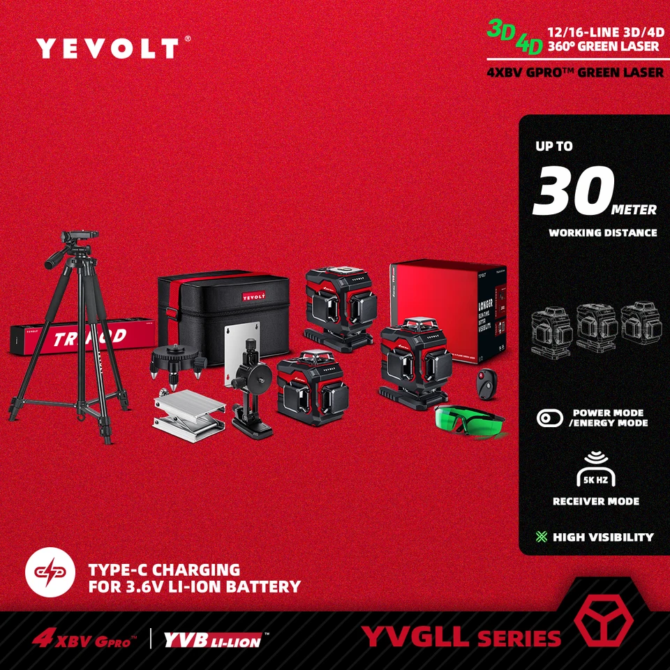 Yevolt TP-YVGLL4XS-Series Green Laser úroveň 12/16-riadok Self-riadenie 360 ​​3D/4D 3/4-rovinné nástroje na meranie energie-1,5 m statív