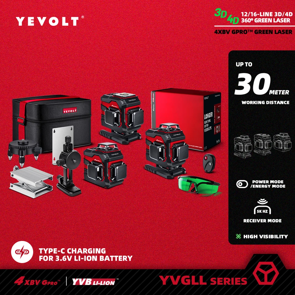 Yevolt Yvgll4xs Series Green Laser Level 3/4-rovina 12/16-riadok Self-riadenie 360 ​​3D/4D Horizontálny a vertikálny nástroj na meranie energie
