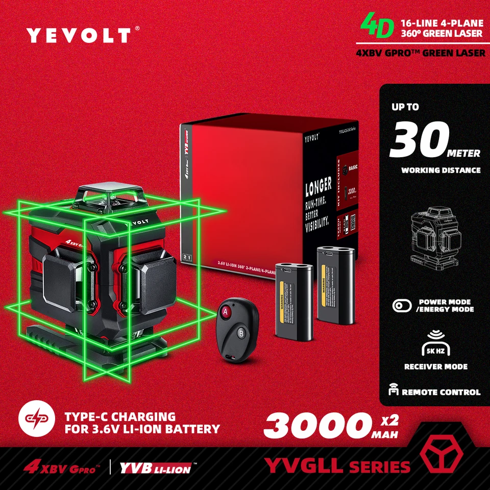 Yevolt yvgll4xs16 16 riadkov 4-rovinné nástroje na úrovni laseru 4D s 2 x výkonom 3000/5200 mAh
