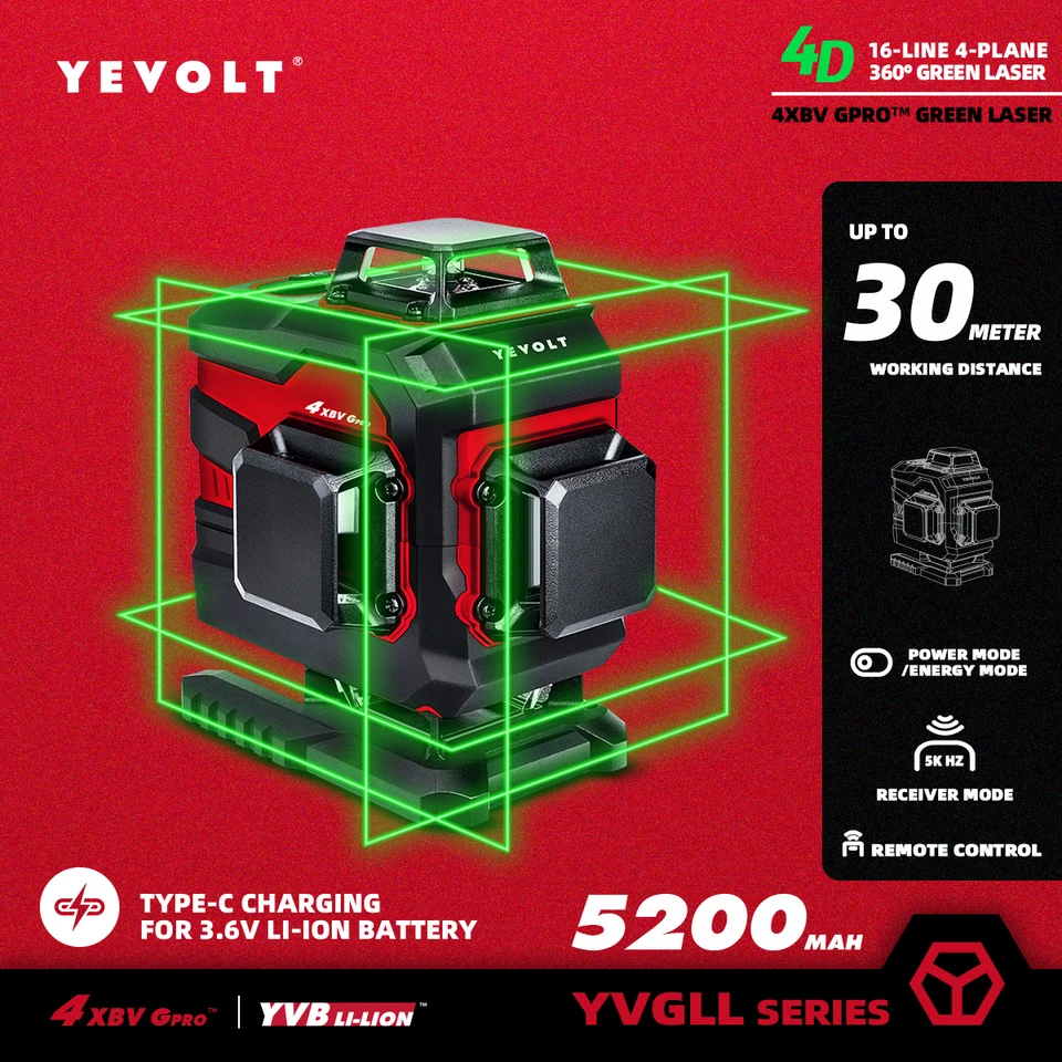 Yevolt yvgll4xs16pro 16 riadkov 4-rovinovo zelený laser úroveň 5.2AH