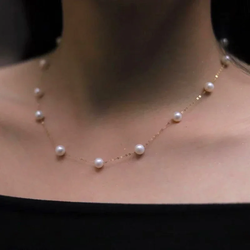Yibeizhi Real 925 Sterling Silver 18k Gold-PlatedNatural Perl náhrdelník Au750 jemné šperky Round Aniversary Darček pre ženy biele