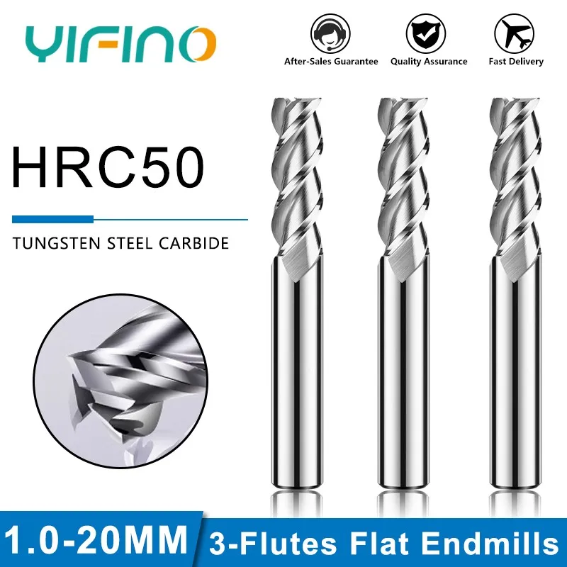 Yifino HRC50 3-flut-hliník na frézovanie volfrámový oceľový karbid plochý mlyn CNC CNC Centry Center Endmills Tools Tools