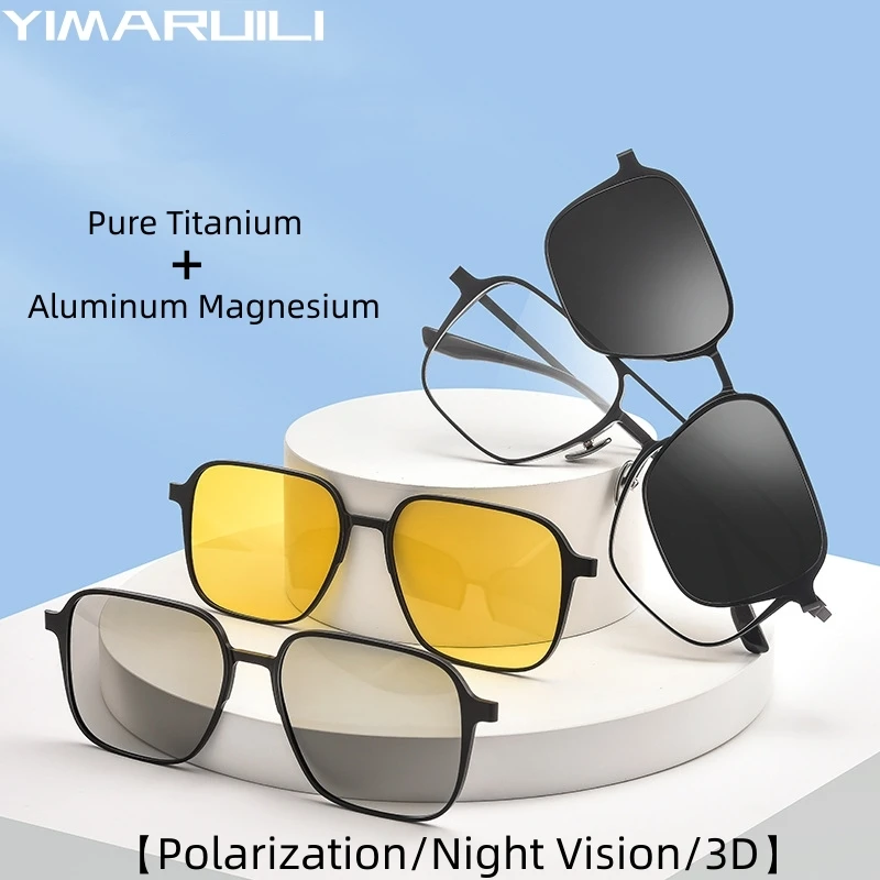 Yimaruili hliník horčík Ppure Titanium Retro Double Bam Magnetické polarizované nočné videnie 3D okuliare na predpis Rám 9908