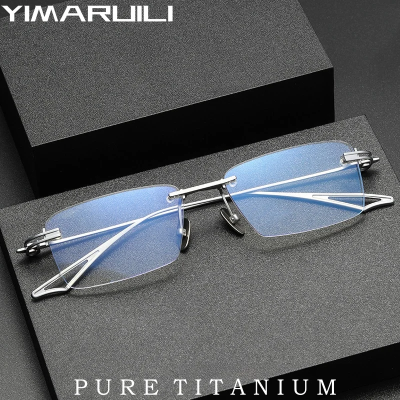 Yimaruili Nové ultra svetlo jednoduché luxusné personalizované okuliare Retro Pure Titanium Optické predpisové okuliare Rimless Muži Act-f-f
