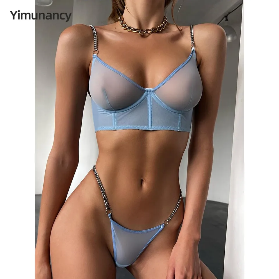 Yimunancy reťaz reťazca číra podprsenka + nohavičky spodná bielizeň Ženy 2-dielne sexy erotické set Transparentné intimáty