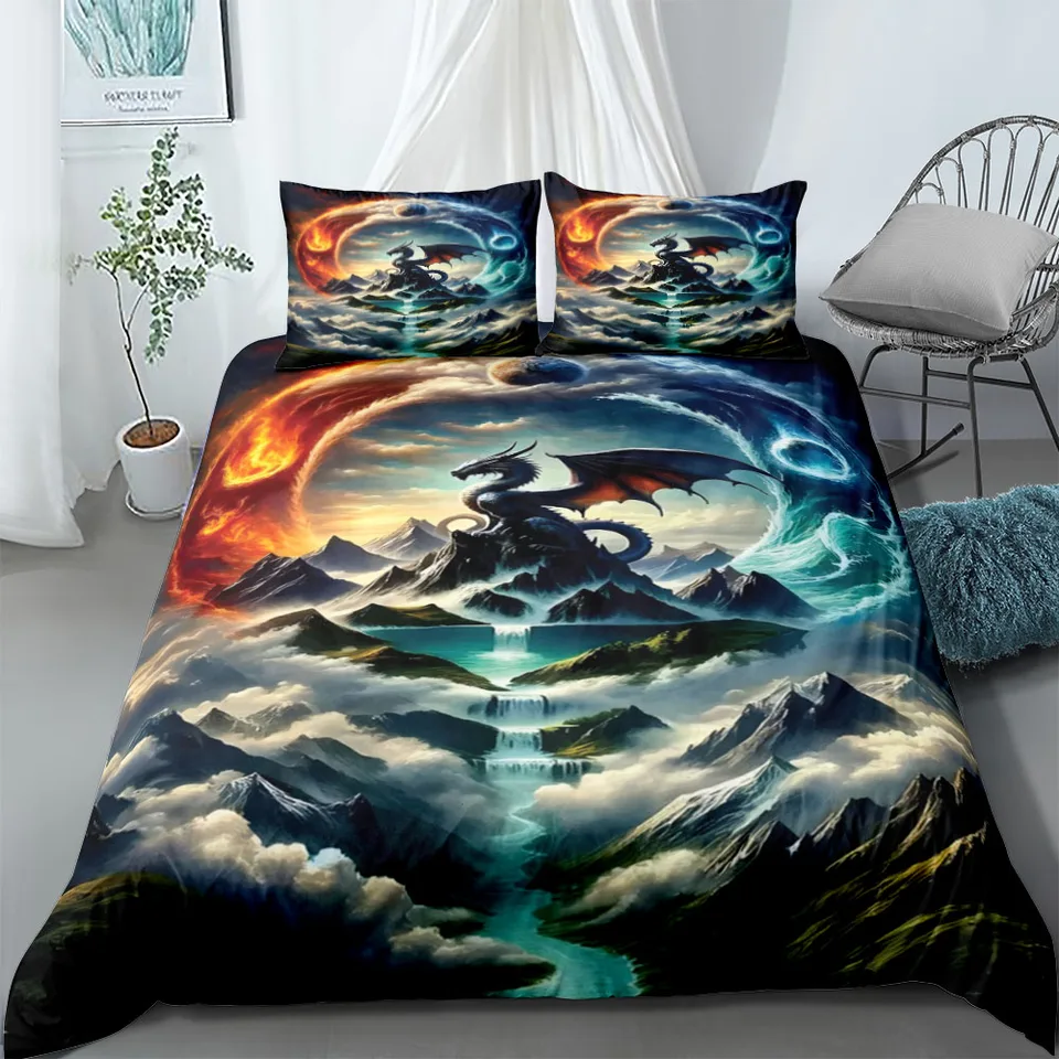 Yin a Yang Dragon Fantasy Cover Cover Set Eu Single Double King US Twin US Full Queen Veľkosť posteľných plášťov