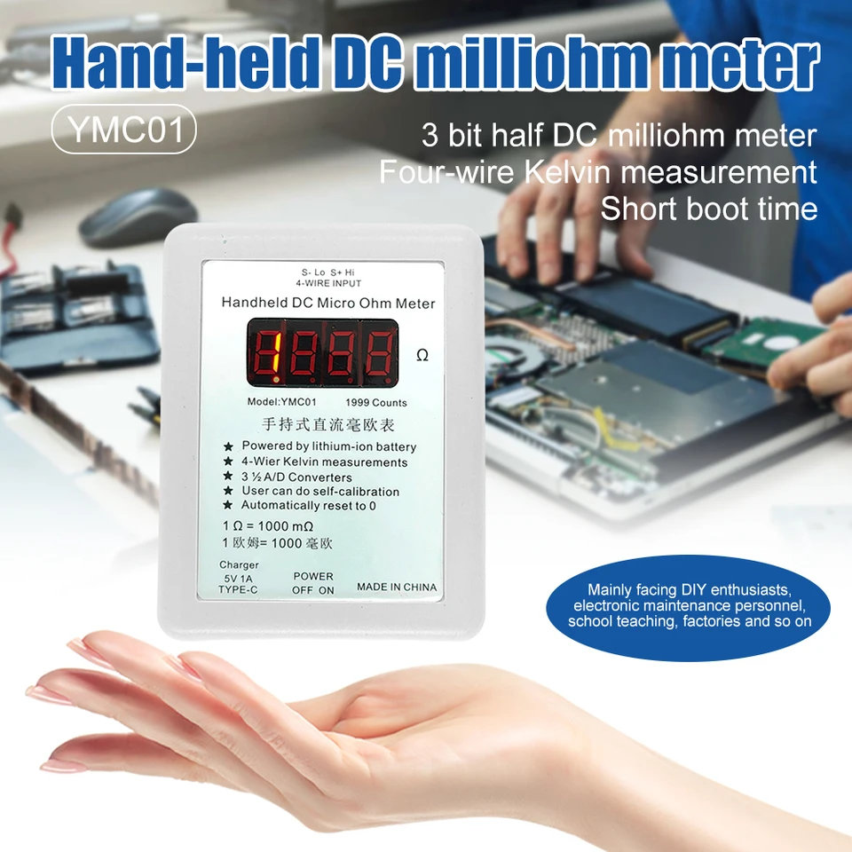YMC01 vreckový počítač DC MilliOHMMETER Nízky odporový tester merací meter štyri drôty kelvin