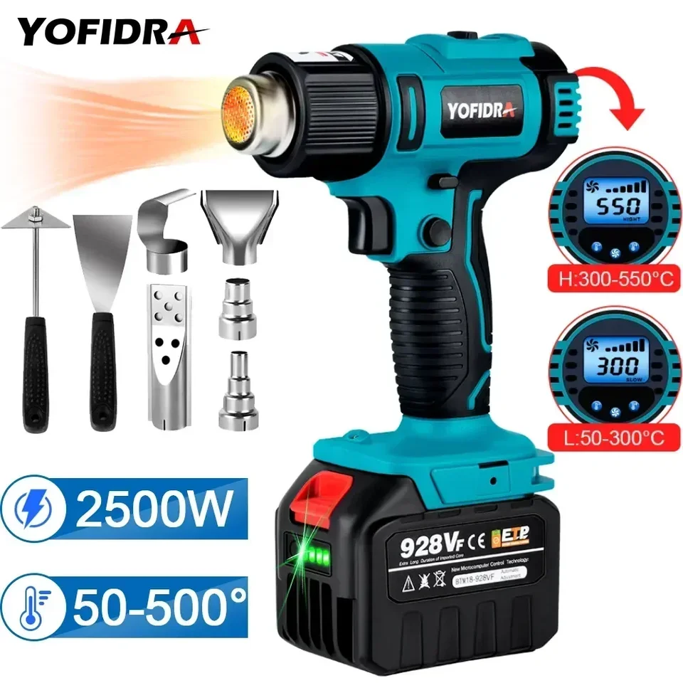 Yofidra 2500 W 50-550 ℃ Elektrická tepelná pištoľ 6 Gears LED displej bezdranne nabíjateľné domáce priemyselné nástroje pre batériu Makita 18V