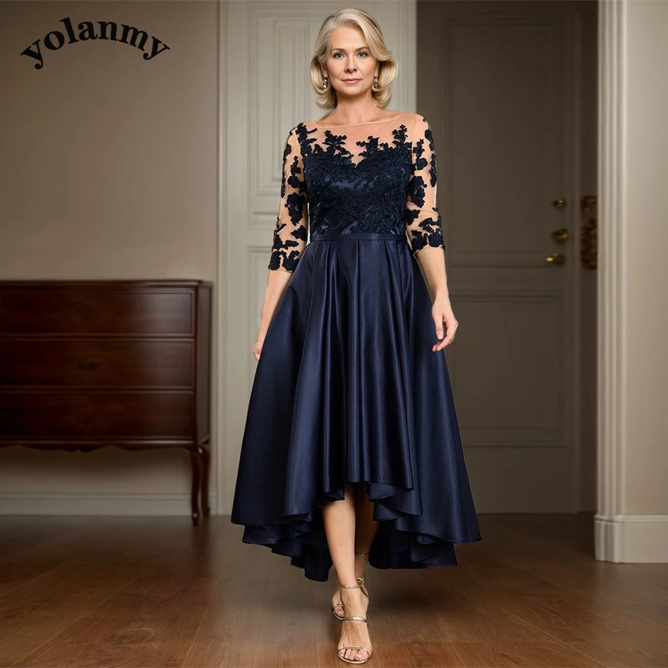 Yolanmy Grand Asymmemetrical Matka nevesty šaty čipkans Lace Appliques Belt Ruched O-Neck Svadobné šaty pre mamu prispôsobené