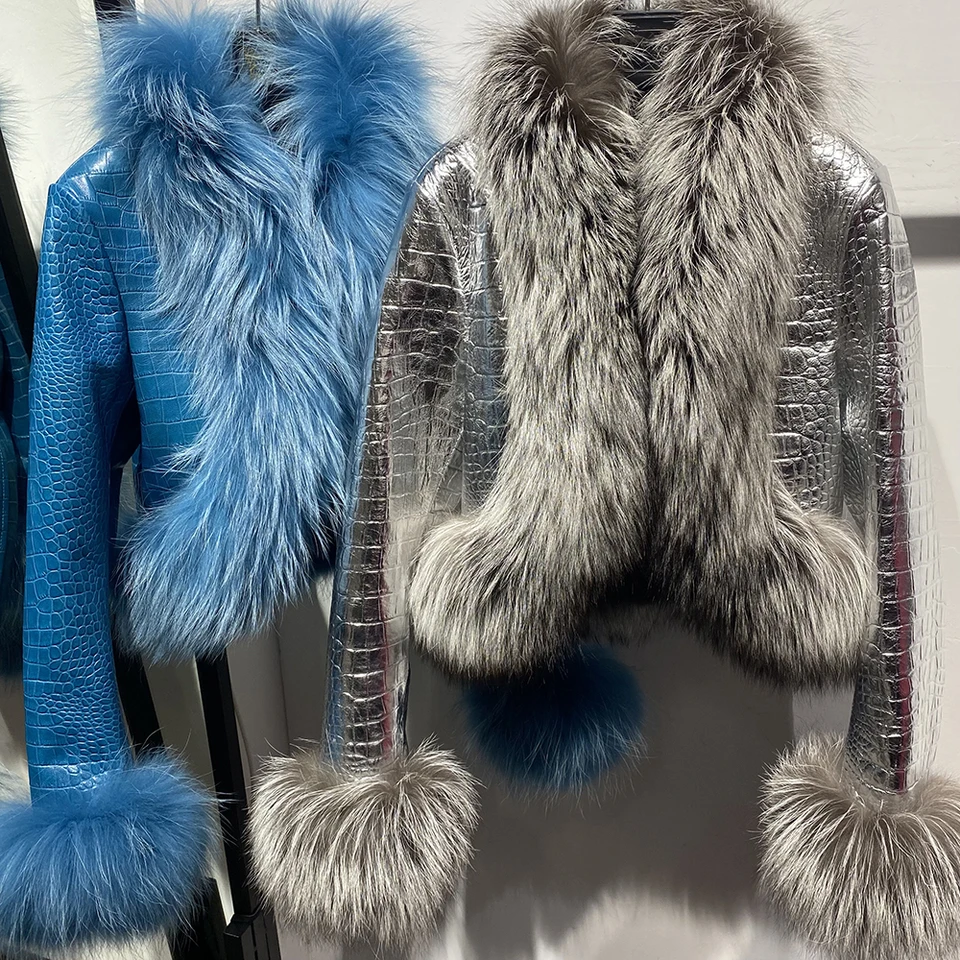 Yologain 2024 Spring Fashion Prírodná líška kožušina Skutočná kožená bunda Ženy Sliver Leather Bunda Dámy