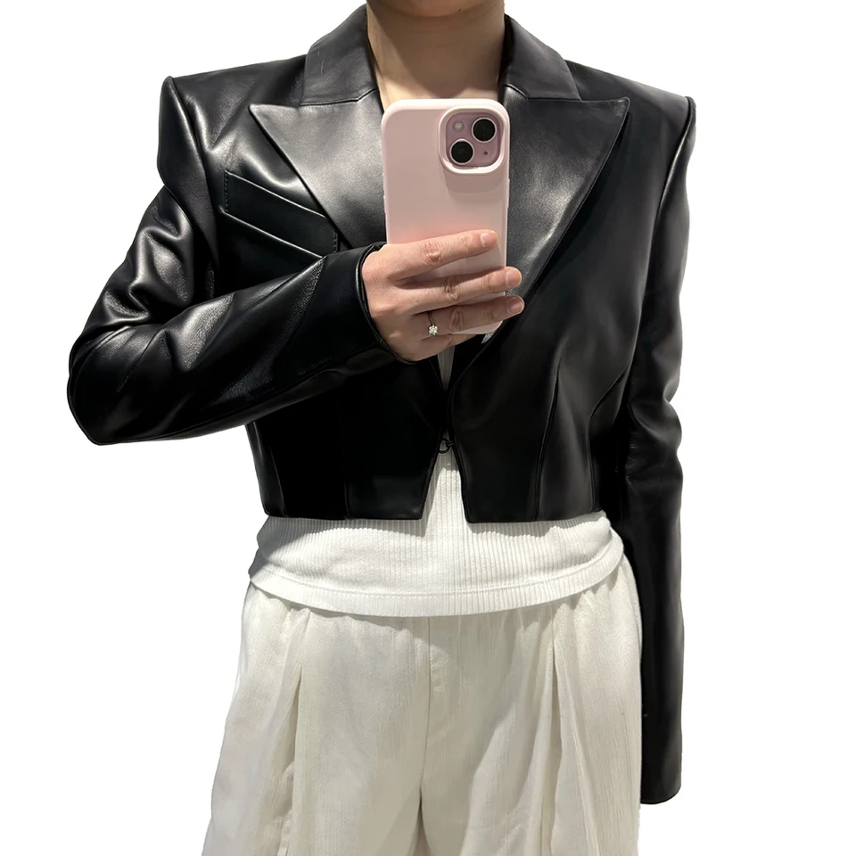 Yologain Dámska skutočná kožená bunda ovčie koža orezaná bunda 2024 jesenné streetwear