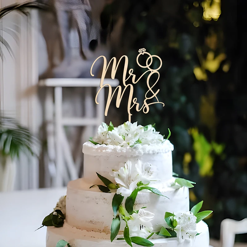 Yomdid 1pc MR & MRS Svadobný torta Topper Cake Decotion v dreve Svadobné promócie výročie narodeniny dekorácie Svadobné potreby