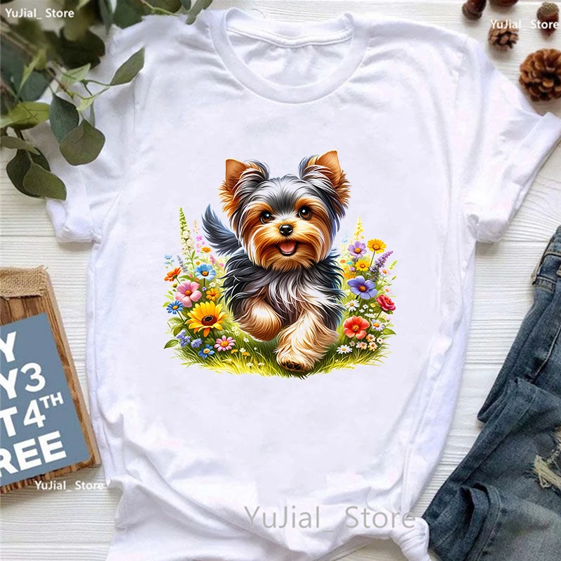 Yorkshire Terrier Zviera tlačené tričko Dievčatá kvety vtipné tričko Ženy harajuku kawaii oblečenie letné módne tričko Žena