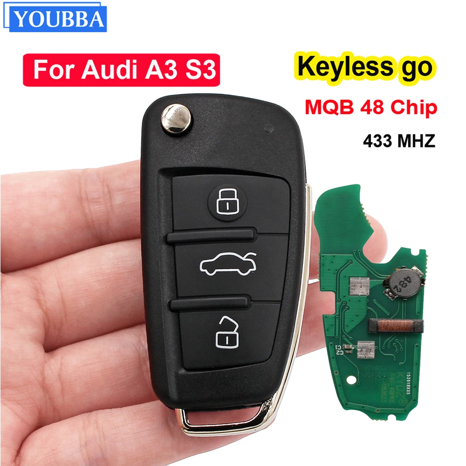 YouBBA 433MHz Keyless Go MQB 48 Diaľkové ovládanie diaľkového ovládača Flip Smart Car Key FOB FOB pre Audi A3 S3 FCC ID: 8v0837220D HU66 BLADE