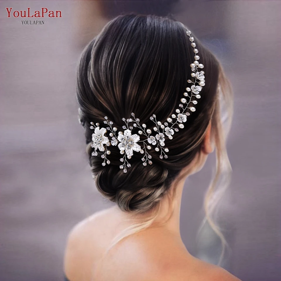 YouLapan Flower Cheadpiece Svadobná čelenka pre nevestu Crystal Pearls Dámske diadžejné svadobné čely vlasové šperky príslušenstvo HP295