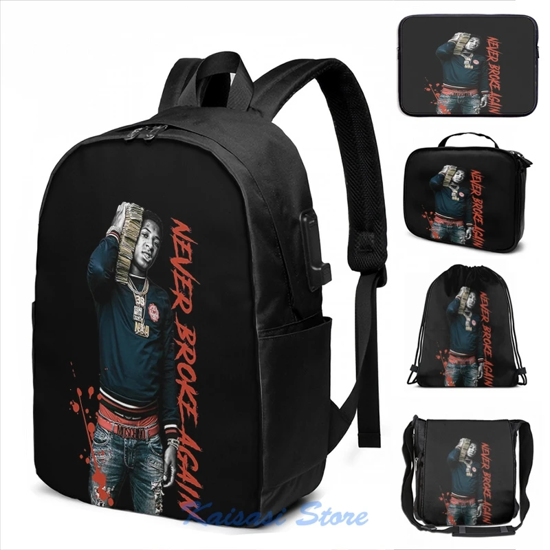 Youngboy - Už nikdy sa nerozbijete košeľu a merch USB nabíjanie batohov Men School Bags Dámske taška na cestovanie laptop tašku