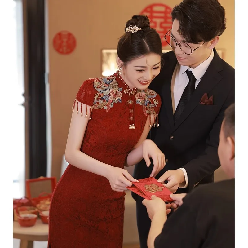 YourQipao Chinese Cheongsam Svadobné toastové šaty Burgundské zásnubné šaty Čína Tradičné oblečenie Dlhodobé večerné šaty