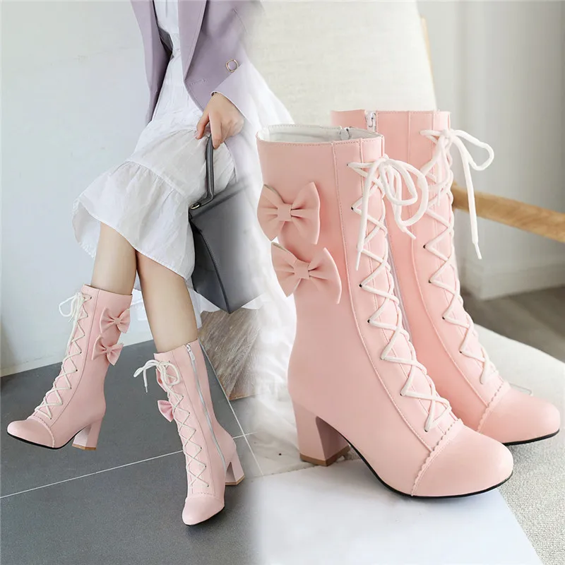 Yqbtdl 2022 Spring Fashion Princezná lolita svadobné spoločenské topánky krížový dizajn luku biely ružový stredný vysoký podpätok topánky Žena
