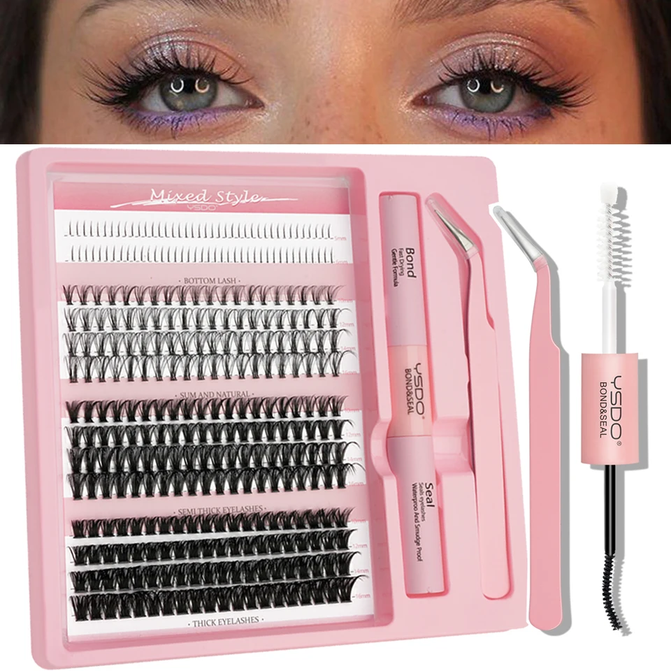 YSDO Jednotlivé riasy Sada DIY Clusters 14 Riadky Zmiešajte zväzky predlžovania mihalníkov Prírodná hrubá hrubá 50D falošné riasy make -up faux Cils
