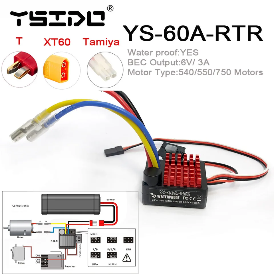 YSIDO YS-60A-RTR 60A Brushed ESC ECLICKÁ SPRÁVA RODLER 6V/3A BEC pre 1/10 RC TRXXAS TRX4 TRX6 D90 Redcat Crawler Truck Truck