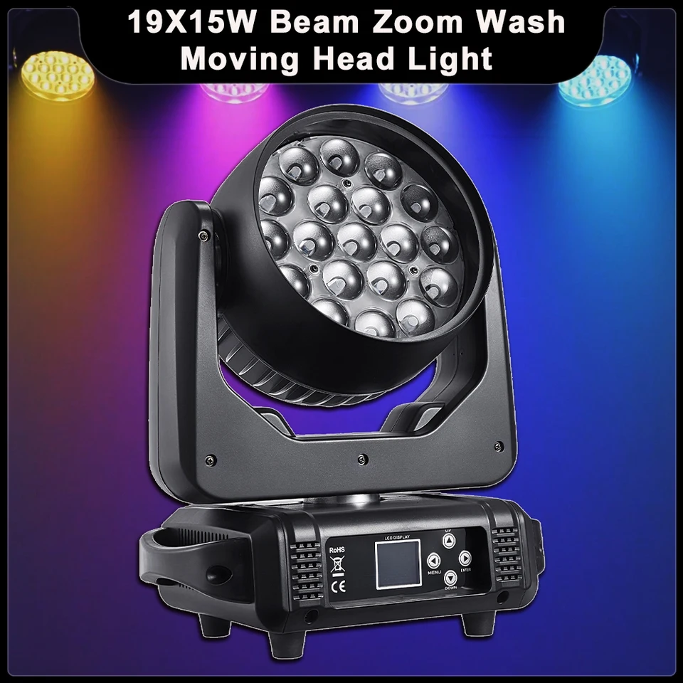 Yuer 19x15w LED lúč Zoom Waser Washing Pohybujúca sa hlava Svetlo DMX512 pre DJ Disco Party Club Effect Lights Nightclub Effect Lights