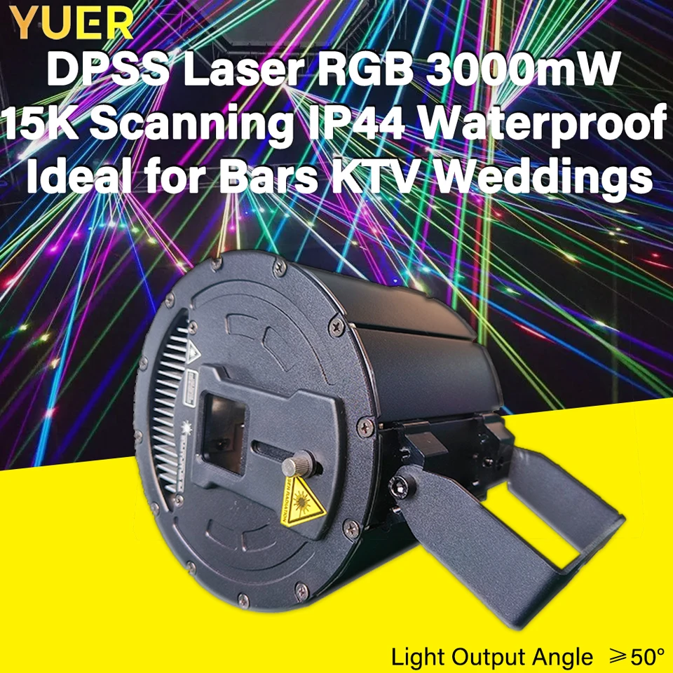 Yuer nový 2W 3W 5W DPSS Laser RGB 3000MW 15K Scanning IP44 nepremokavý DMX 21/40 kanálov pre bary KTV Svadby Party DJ Club