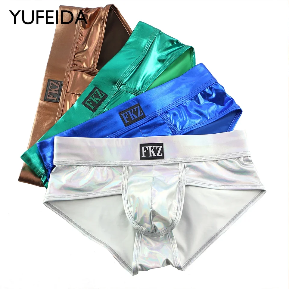 Yufeida 1/4ks pánske sexy shinny kožené spodné prádlo Kortičky Šortky zlaté strieborné boxershorts muži u konvexné nohavičky s nízkym pásom spodná bielizeň