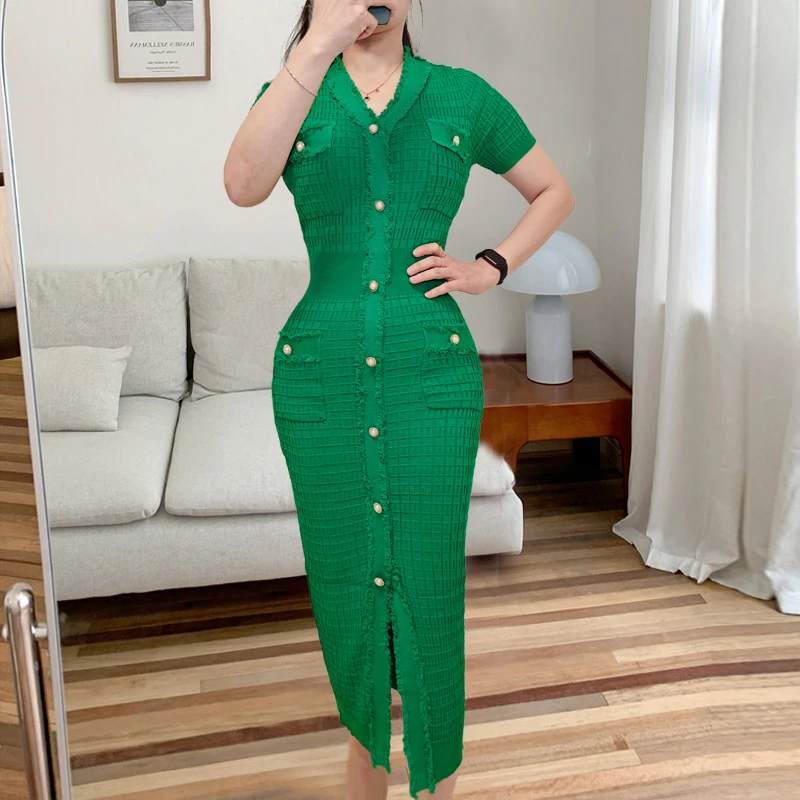 Yuoomuoo Chic Elegant Elegant Wrap boky pletené šaty Ženy Značka módne perly s jednostranným bodycon kancelária Lady Vestidos