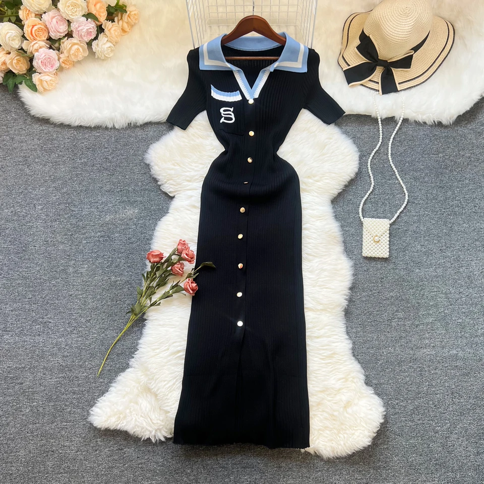 Yuoomuoo Chic Fashion Sexy Balíček boky pletené letné šaty Ženy 2025 Nová značka v štýle kancelária Lady Long Sweater Dress Vestidos