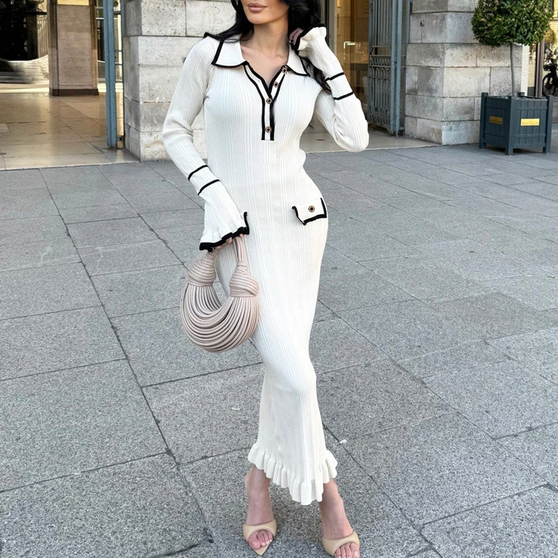 Yuoomuoo Chic Fashion Sexy Balíček boky pletené jesenné šaty Ženy štíhle elastické bodycon maxi šaty Streetwear Outfits Vestido