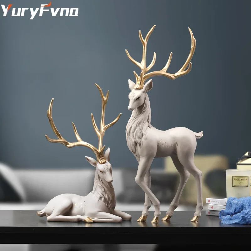 Yuryfvna High End Deer Socha Reindeer Figuríny živici Elk Socha pre obývaciu izbu luxusná domáca dekorácia Nordic stolová doska