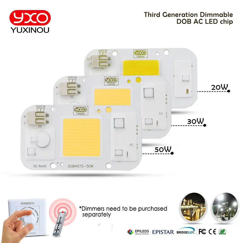YXO Yuxinou DOB LED COB Chip 50W 40W 30W 20W 10W 10W AC 220V bez potreby vodiča Smart IC žiarovka pre DIY LED svetlomet reflektor