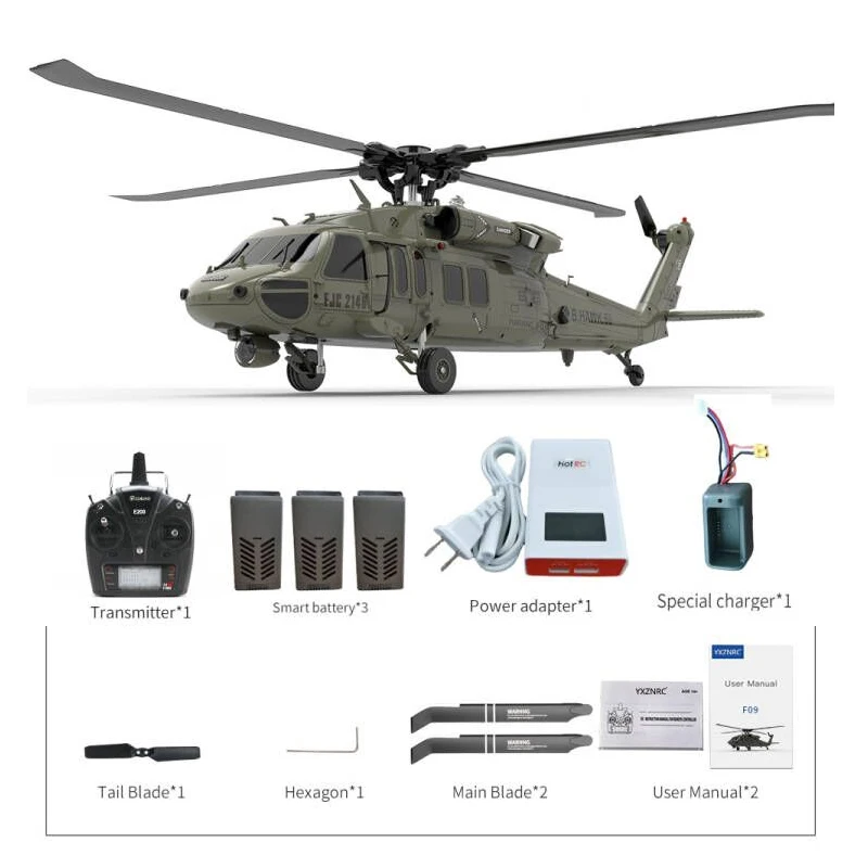 YXZNRC F09 RC vrtuľník 1:47 Scale UH60 Black Hawk 6ch 3D Flybarless Direct Drive Dual Brushless s vysielačom RTF/BNF