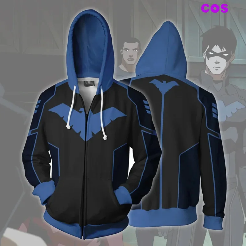 Z 2023 Nový jeseň zimný muž 3D tlač Nightwing Cosplay zips Up Hoodie s kapucňou saka odev