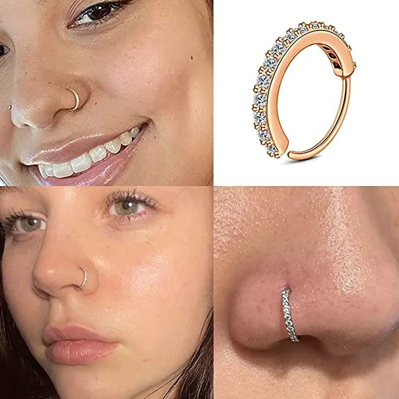 Z nehrdzavejúcej ocele kubický zirkón falošný nosný prsteň pre ženy okrúhle chrupavka Tragus špirála uší nos piercing falso telové šperky