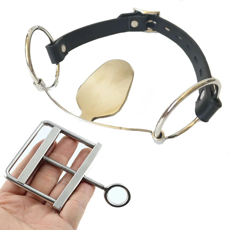 Z nehrdzavejúcej ocele Scrotal Clamp Pu Kožená ústa otvor roubíkov kovový jazyk Filil Opevnenie kruhový zväzok BDSM BDSM Dospelý dospelí sexuálne hračky