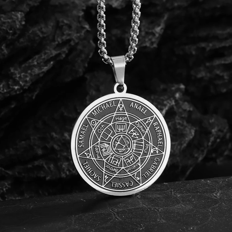 Z nehrdzavejúcej ocele Vintage Šalamún Náboženské sedem archanjelov Kompas prívesok Náhrdelník Pánske šťastné amuletové šperky