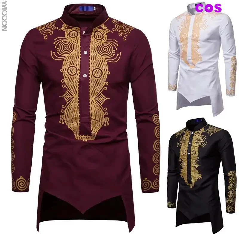 Z Ramadan men's long sleeve shirts fashion Muslim straight mid length printed T-shirts slim African clothing men's tops